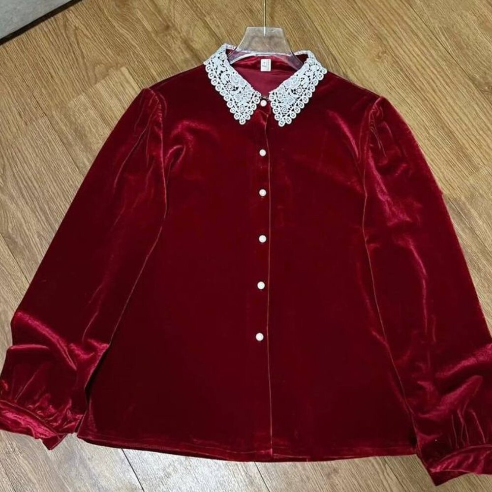 Red Velvet Blouse With Lace Collar